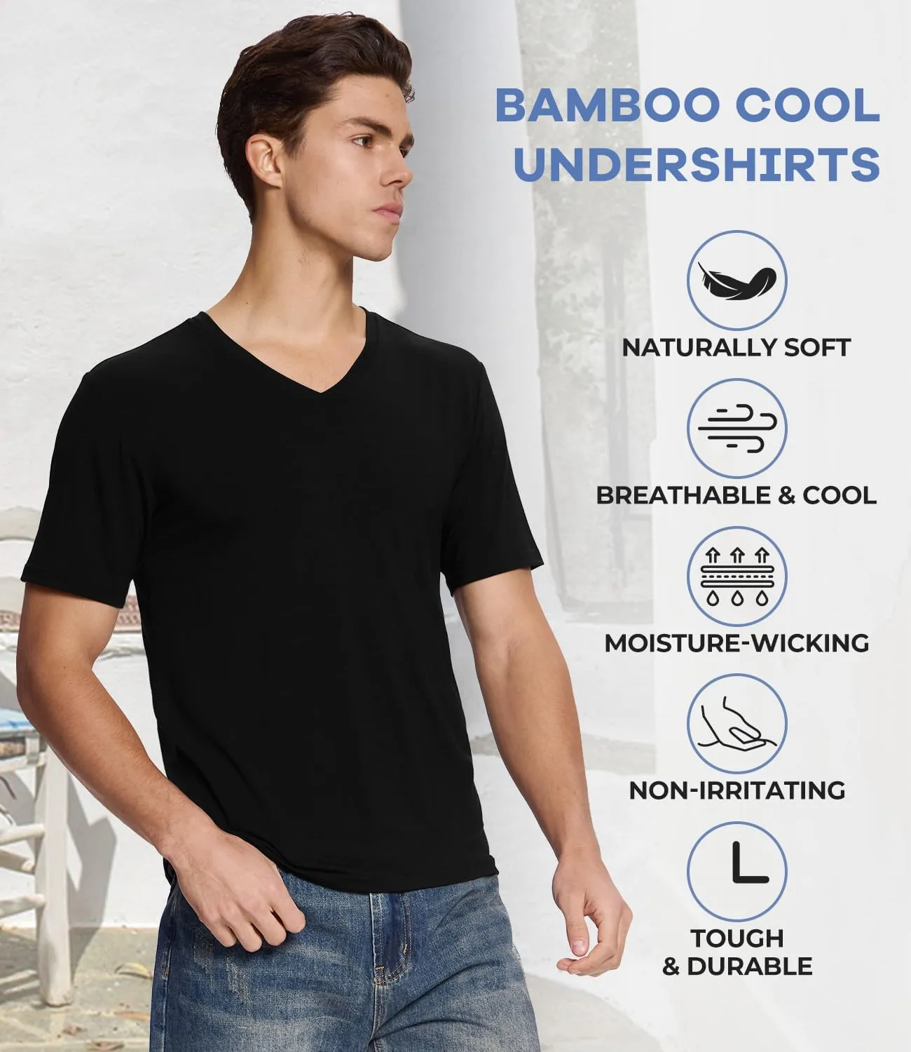 BAMBOO COOL Men's Undershirts Soft Stretch V Neck T-Shirts,Breathable and Moisture-Wicking White Tees for Men 3 Pack