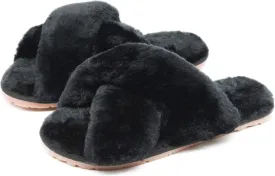 Crazy Lady Women's Fuzzy Fluffy House Slippers Cute Plush Memory Foam Shoes Cross Band Indoor Outdoor Open Toe Sandals