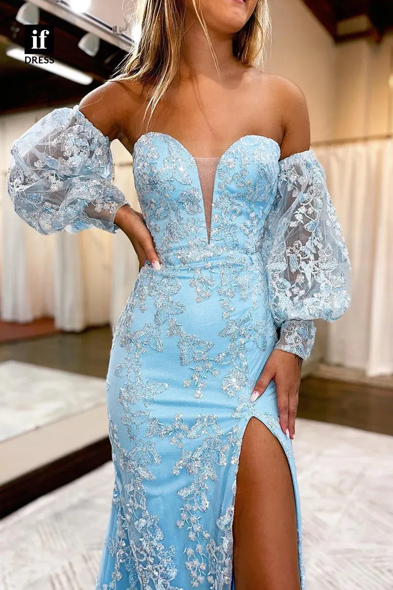 Cute Mermaid Sweetheart Light Blue Lace Long Prom Dresses VK112803