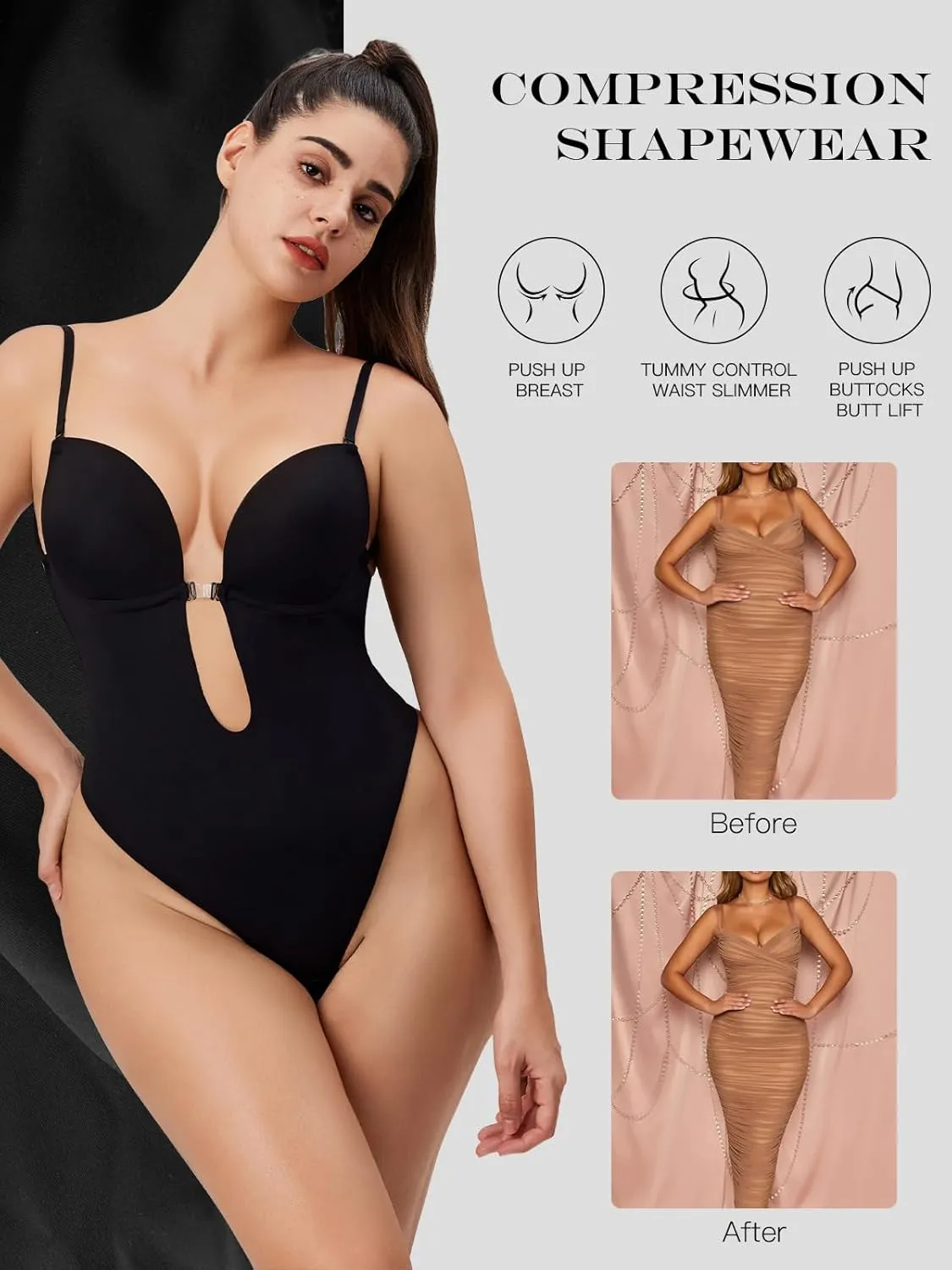 Decorus Shapewear Backless Bodysuit Strapless: Low-back Thong Body-shaper Invisible Women - Build in Bra Open-back Bodysuits