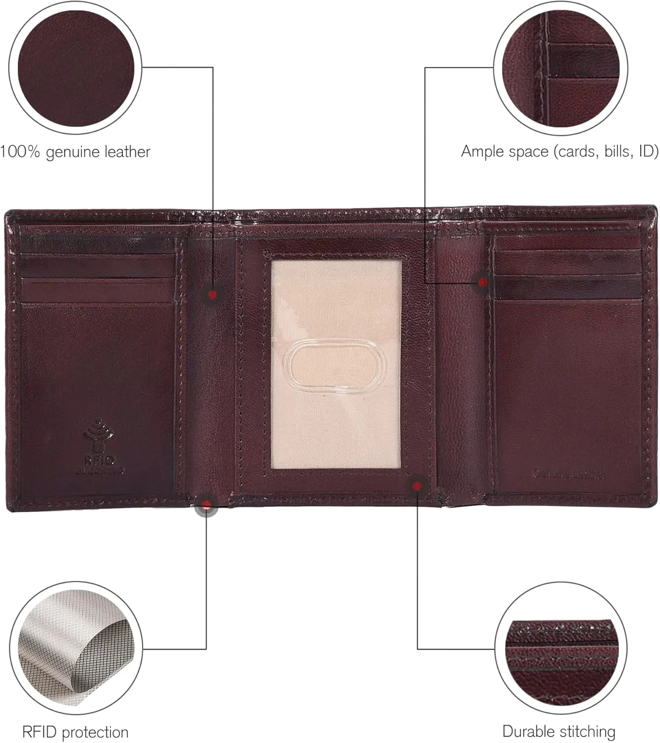 ESTALON Leather Trifold Wallet For Men - RFID Blocking - 6 Card Slots, 2 Slip Pockets & 1 Front ID Window - Minimalist Design, Slim Wallet