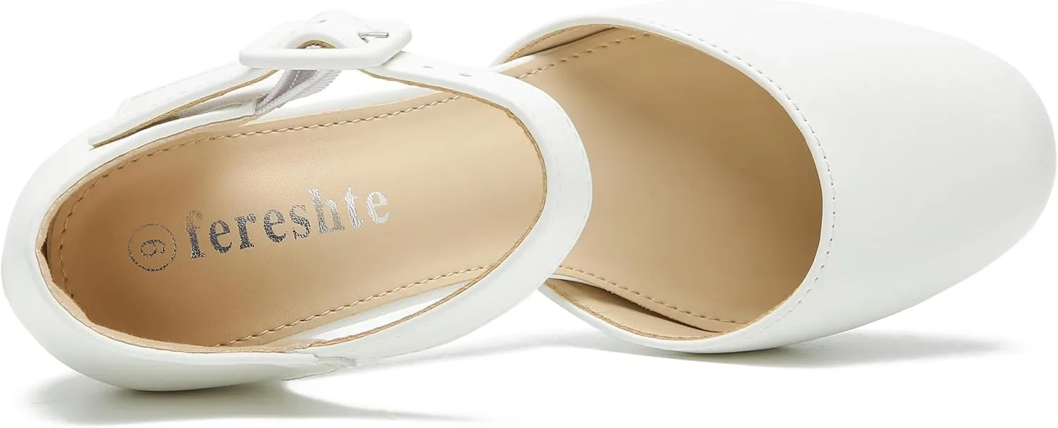 fereshte Women's High Heel Closed Toe Chunky Wedding Pumps Mary Jane Shoes