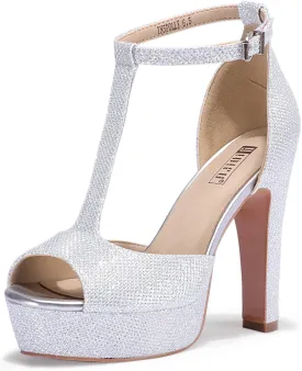 IDIFU Women's IN5 Polly Platform Chunky High Heels T-Strap Sexy Sandals Peep Toe Wedding Party Prom Dress Shoes for Women Bride