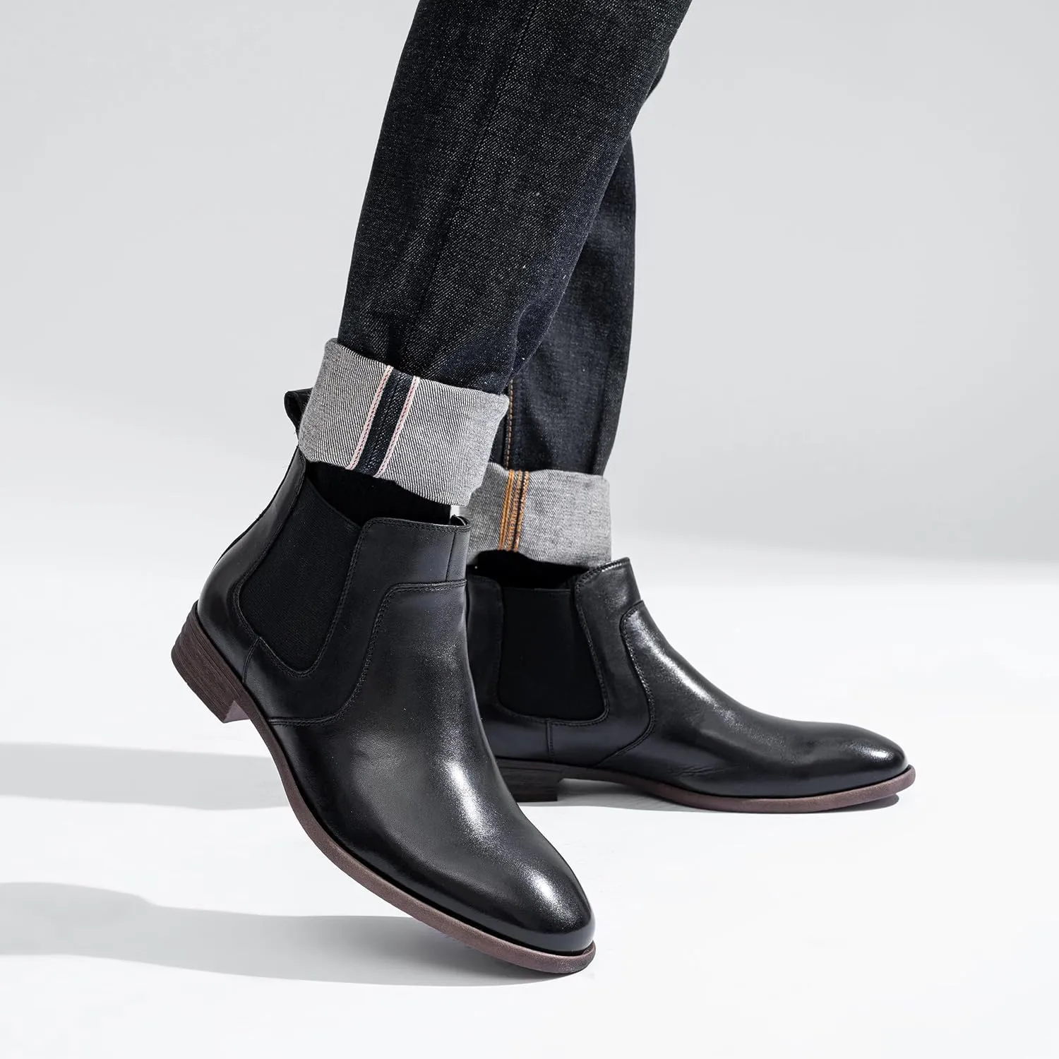 Jousen Men's Chelsea Boots Leather Lightweight Casual Chukka Ankle Boots Classic Elastic Dress Boots for Men