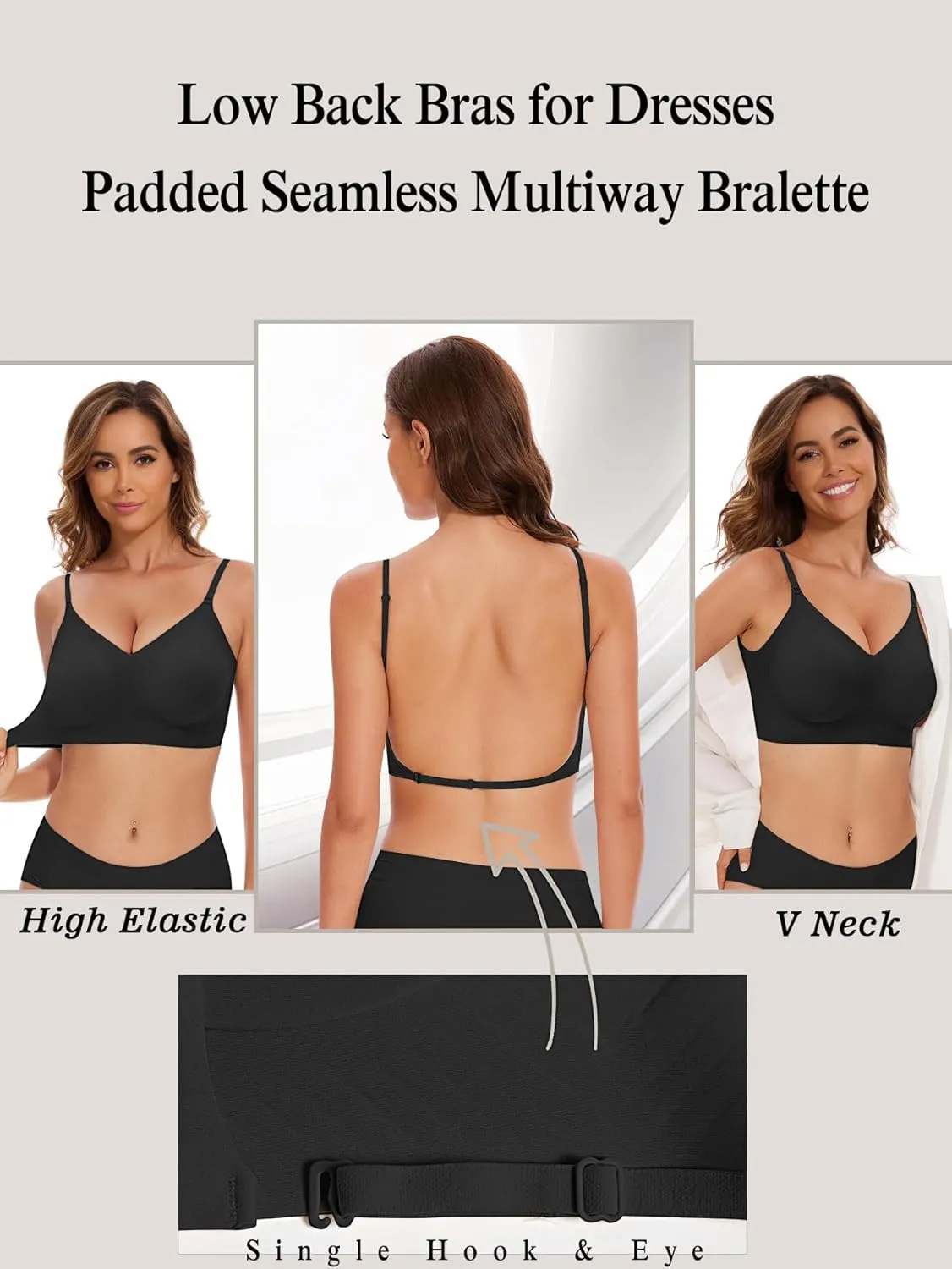 Low Back Bra Seamless Padded Bralettes for Women V Neck Mutiway Bras Halter Thin Straps Invisible Backless Bralette