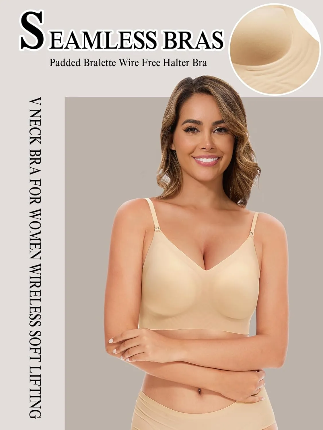 Low Back Bra Seamless Padded Bralettes for Women V Neck Mutiway Bras Halter Thin Straps Invisible Backless Bralette