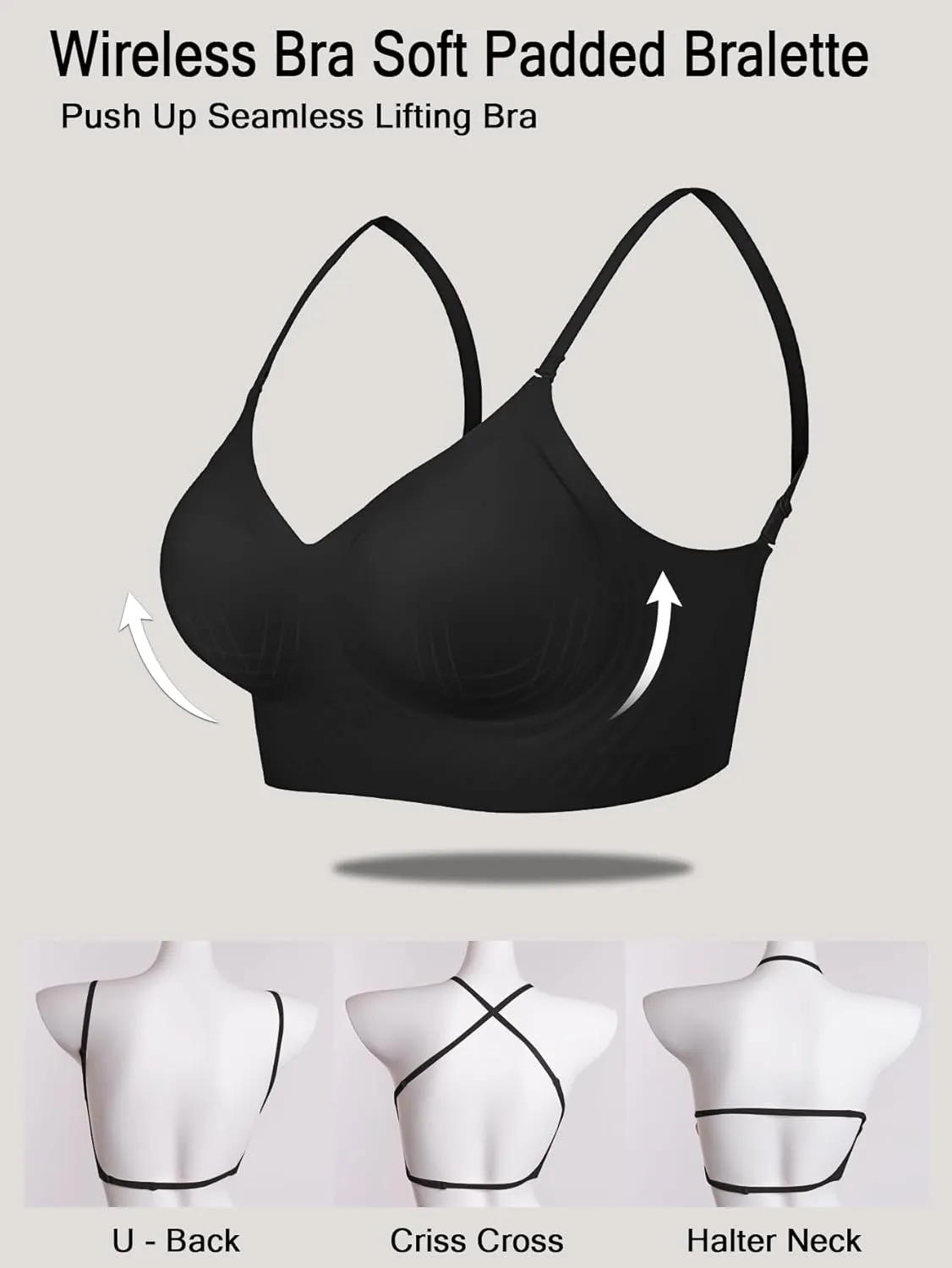 Low Back Bra Seamless Padded Bralettes for Women V Neck Mutiway Bras Halter Thin Straps Invisible Backless Bralette