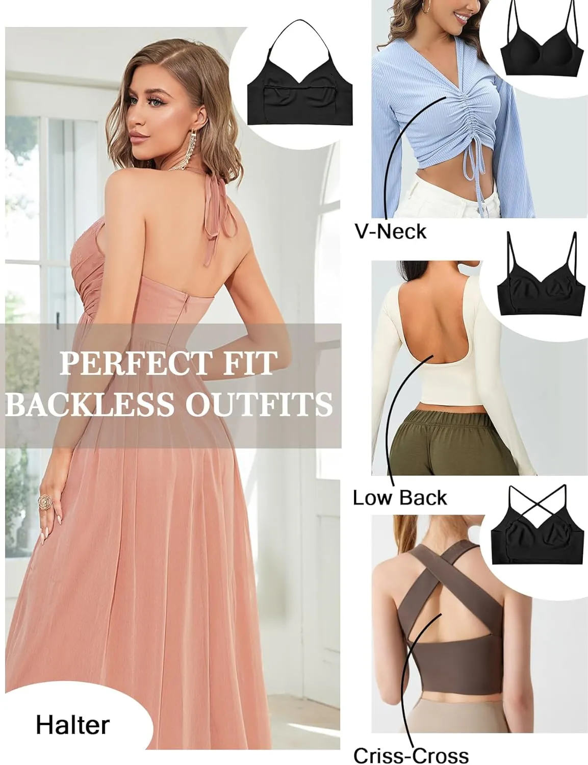 Low Back Bra Seamless Padded Bralettes for Women V Neck Mutiway Bras Halter Thin Straps Invisible Backless Bralette