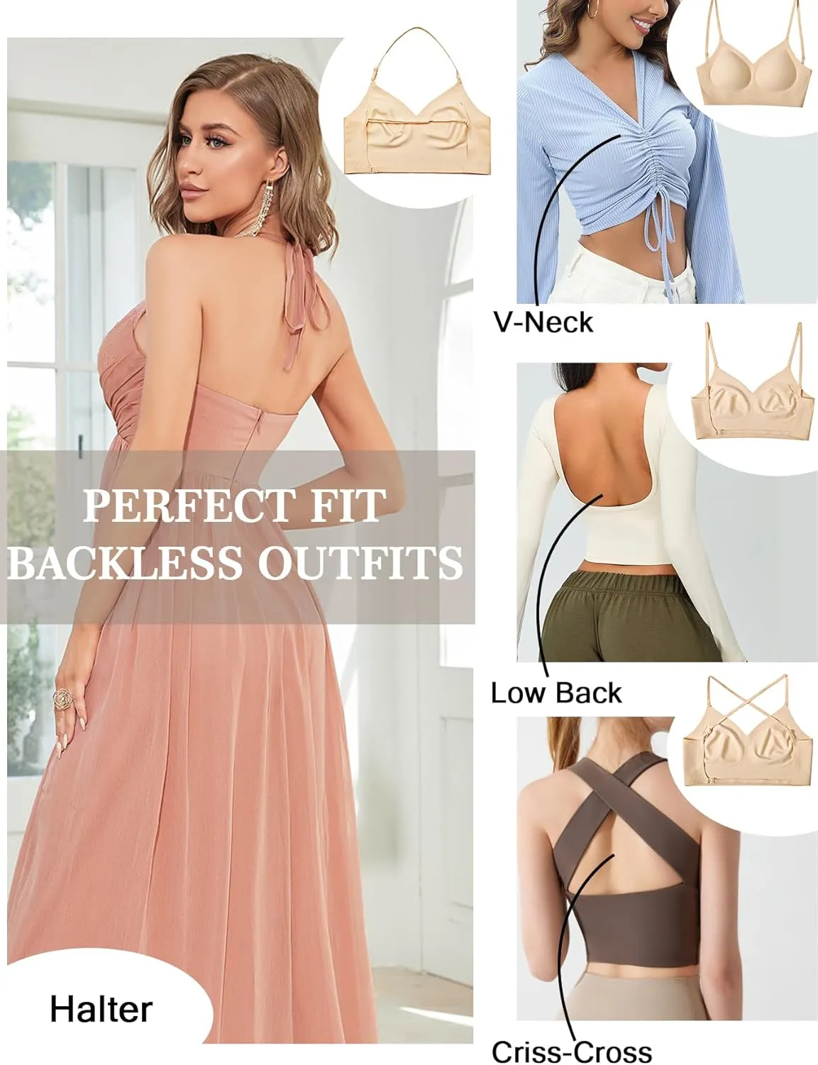 Low Back Bra Seamless Padded Bralettes for Women V Neck Mutiway Bras Halter Thin Straps Invisible Backless Bralette