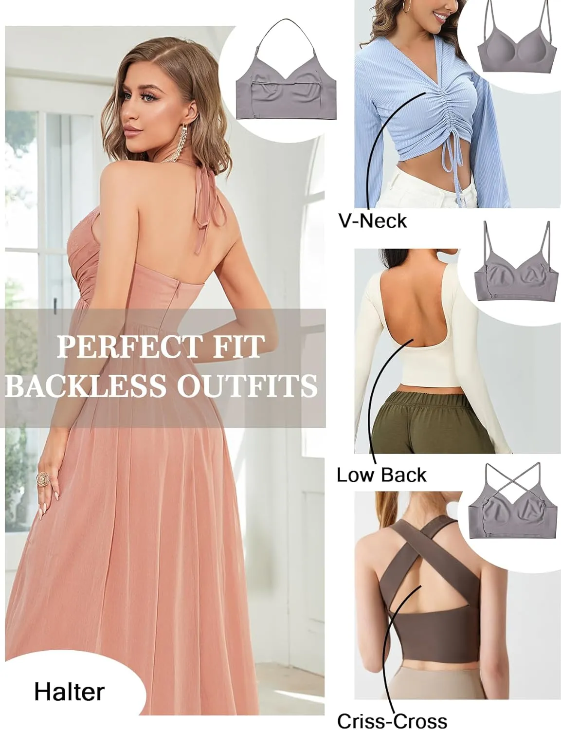 Low Back Bra Seamless Padded Bralettes for Women V Neck Mutiway Bras Halter Thin Straps Invisible Backless Bralette