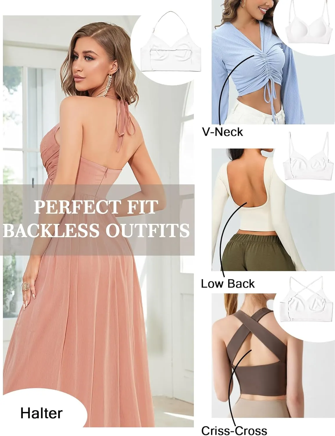 Low Back Bra Seamless Padded Bralettes for Women V Neck Mutiway Bras Halter Thin Straps Invisible Backless Bralette
