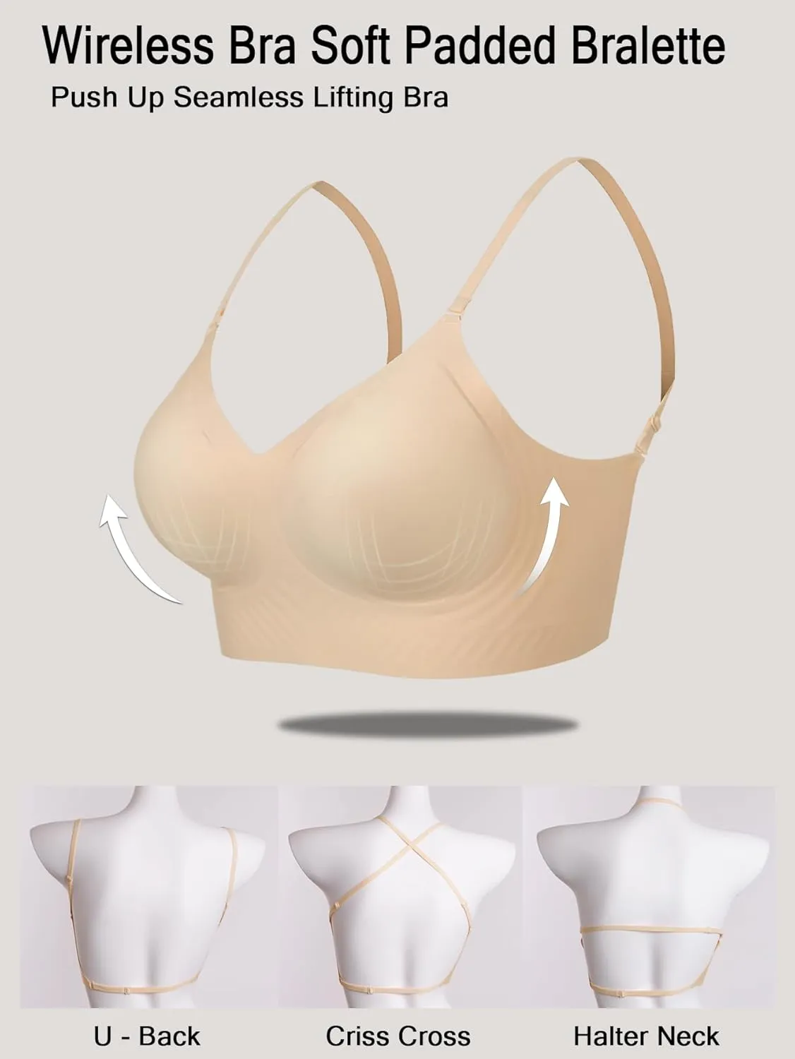 Low Back Bra Seamless Padded Bralettes for Women V Neck Mutiway Bras Halter Thin Straps Invisible Backless Bralette