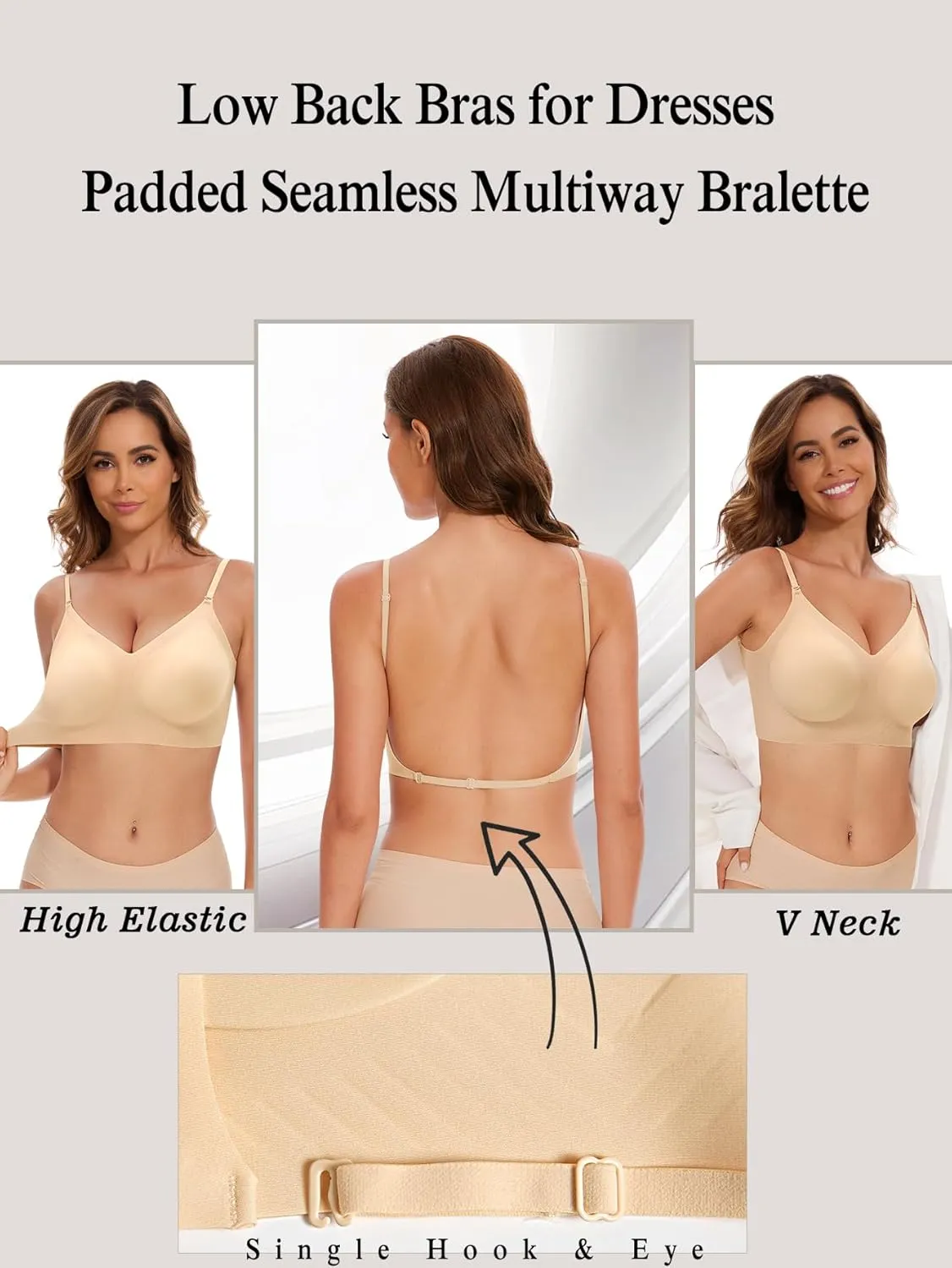 Low Back Bra Seamless Padded Bralettes for Women V Neck Mutiway Bras Halter Thin Straps Invisible Backless Bralette