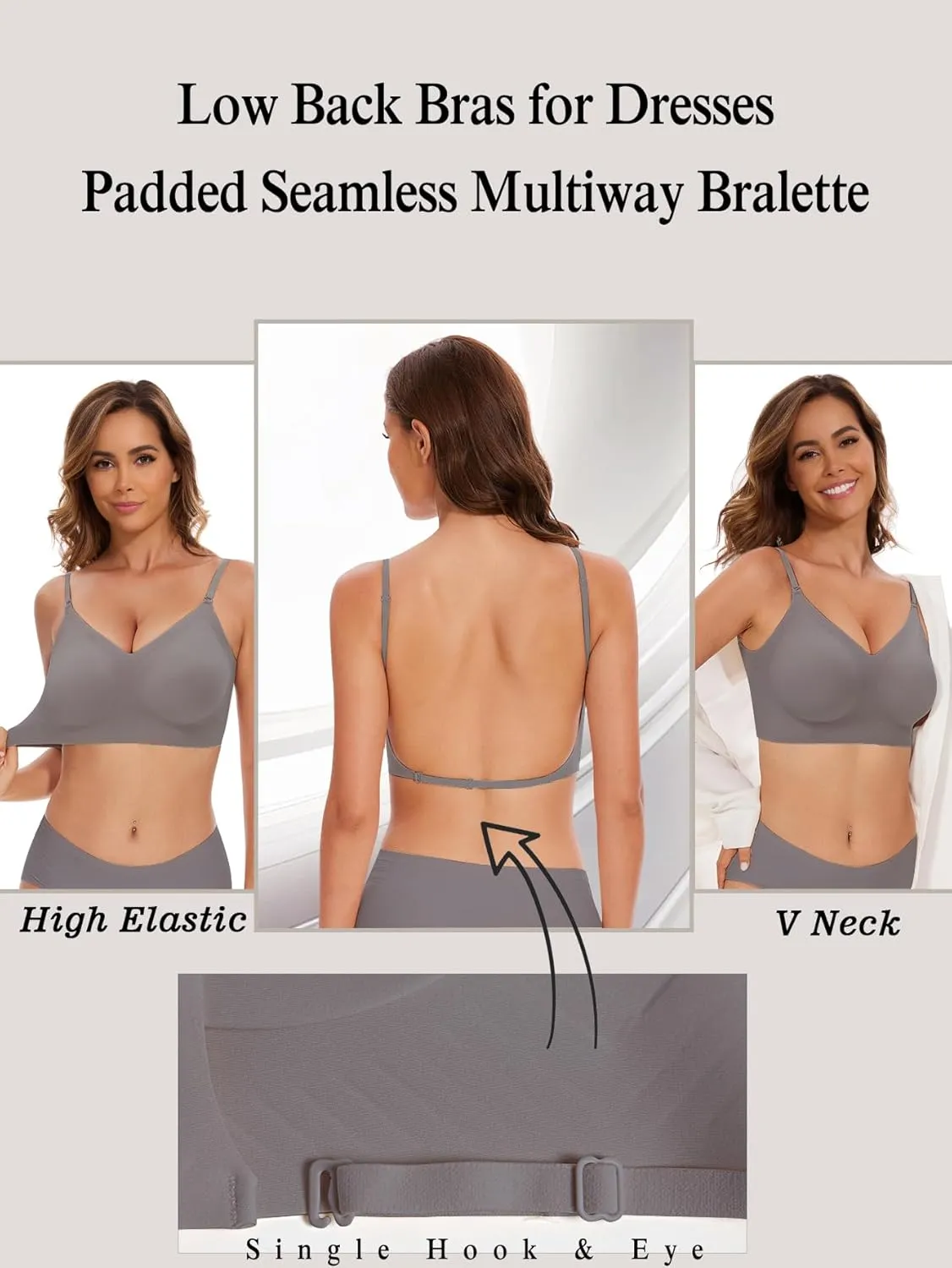 Low Back Bra Seamless Padded Bralettes for Women V Neck Mutiway Bras Halter Thin Straps Invisible Backless Bralette