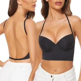 Low Back Bras for Women-Seamless Lightly Lined Invisible Backless Bra-Underwire Plunge Open Back Multiway Halter Bra