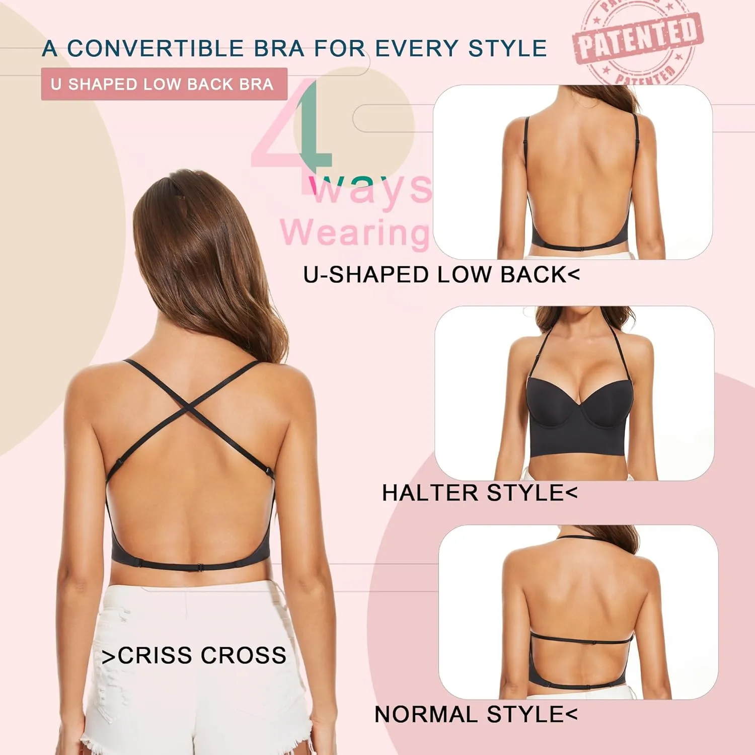 Low Back Bras for Women-Seamless Lightly Lined Invisible Backless Bra-Underwire Plunge Open Back Multiway Halter Bra