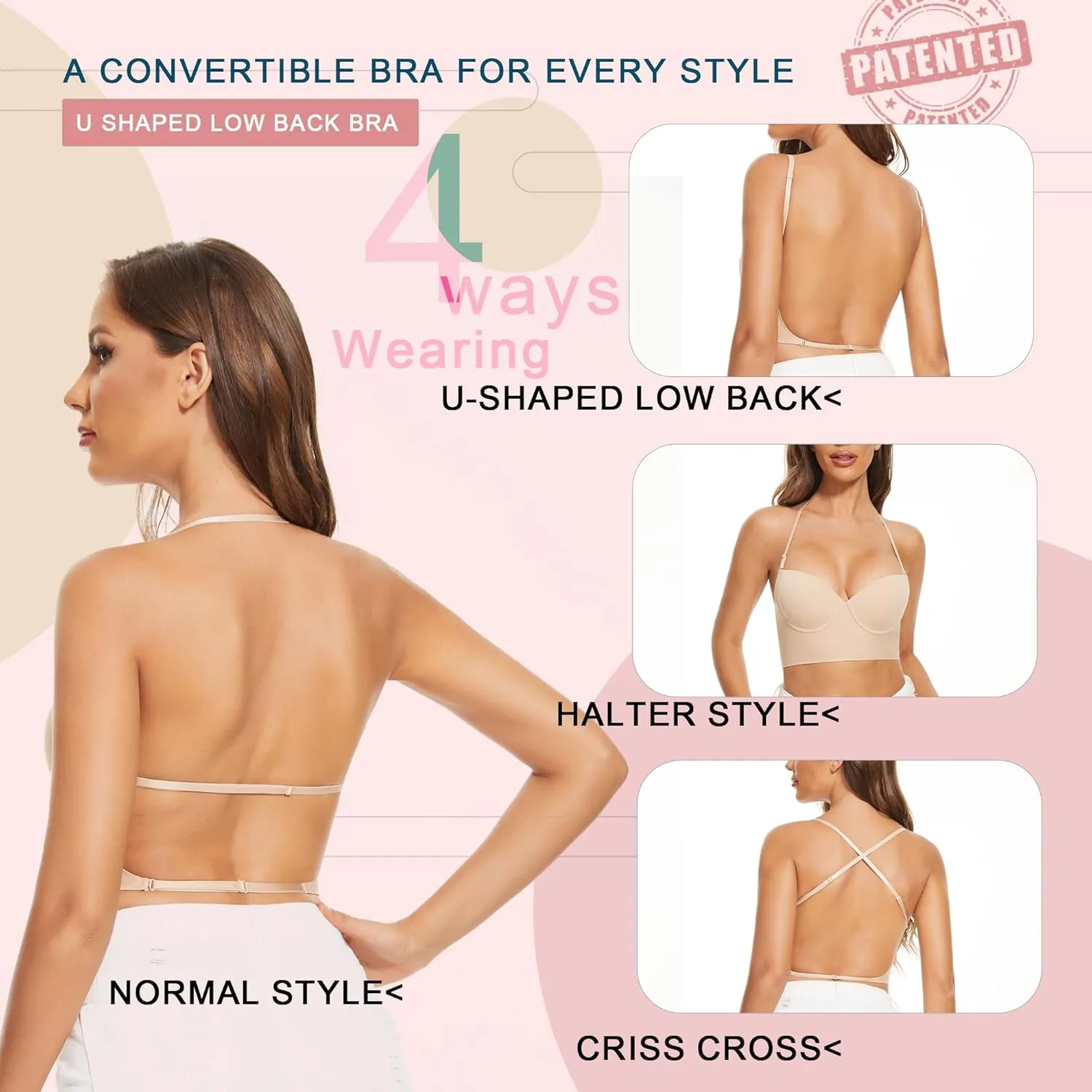 Low Back Bras for Women-Seamless Lightly Lined Invisible Backless Bra-Underwire Plunge Open Back Multiway Halter Bra