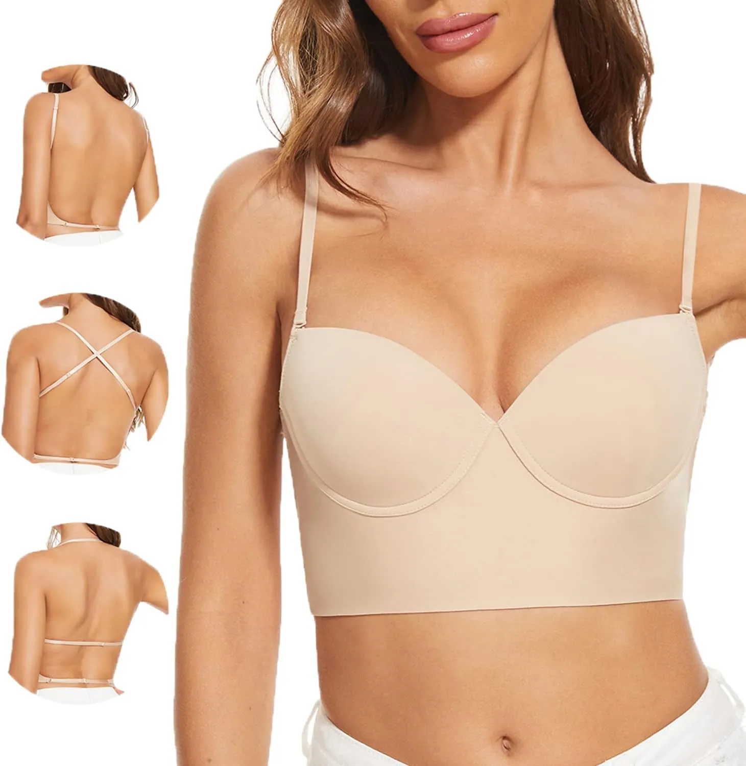 Low Back Bras for Women-Seamless Lightly Lined Invisible Backless Bra-Underwire Plunge Open Back Multiway Halter Bra