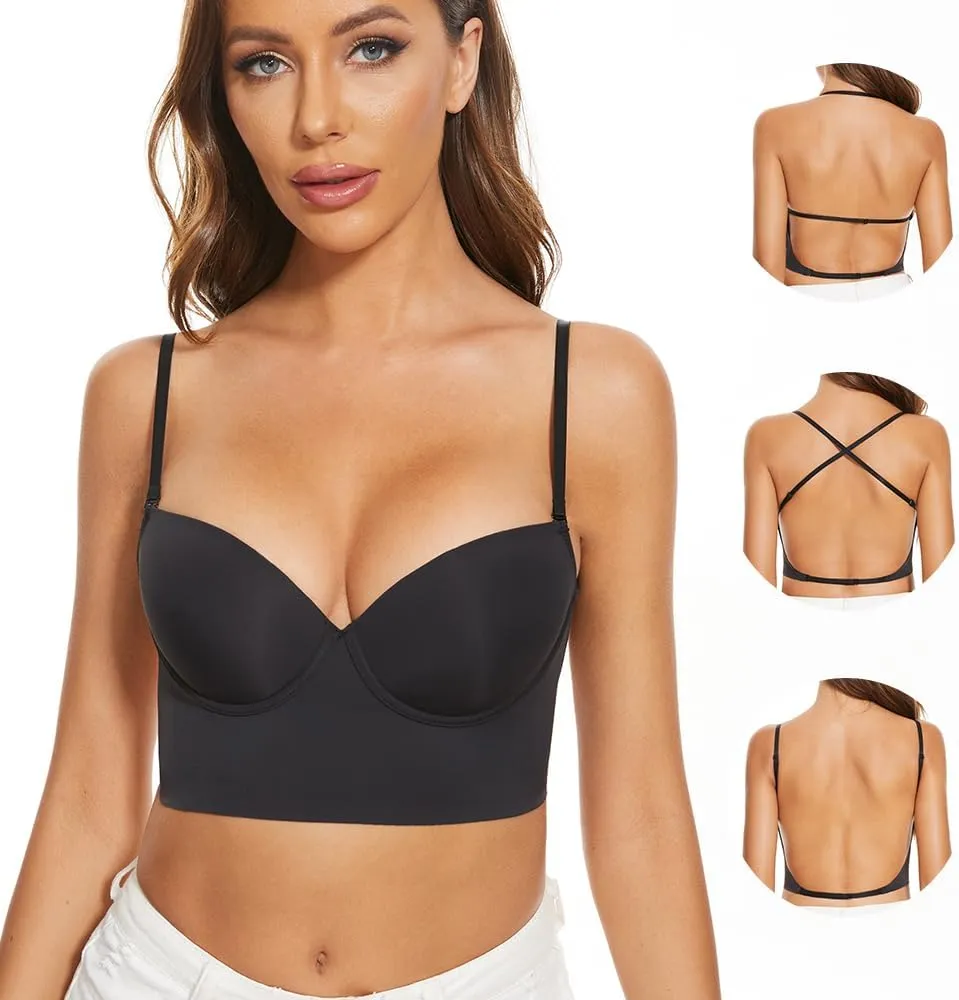 Low Back Bras for Women-Seamless Lightly Lined Invisible Backless Bra-Underwire Plunge Open Back Multiway Halter Bra