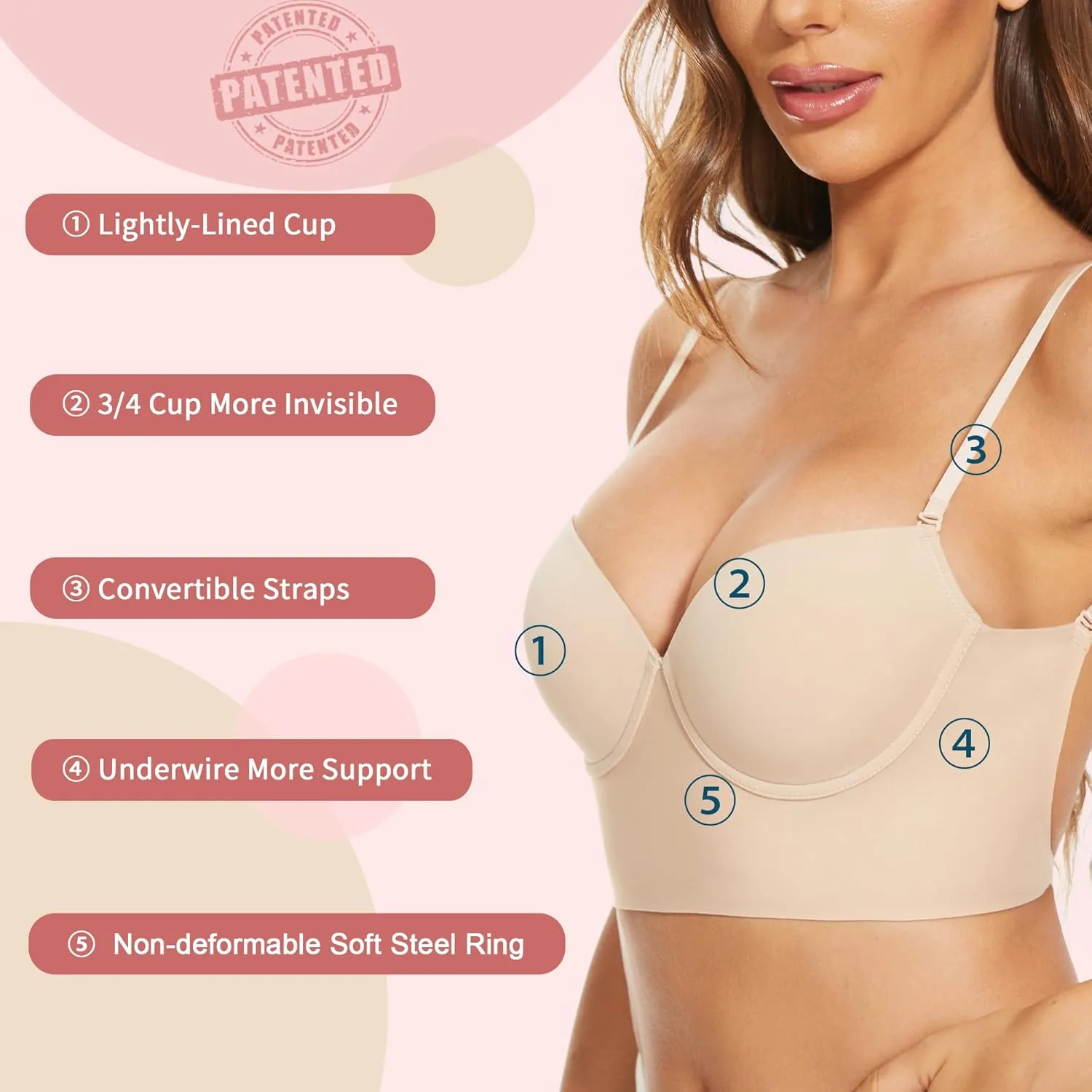 Low Back Bras for Women-Seamless Lightly Lined Invisible Backless Bra-Underwire Plunge Open Back Multiway Halter Bra