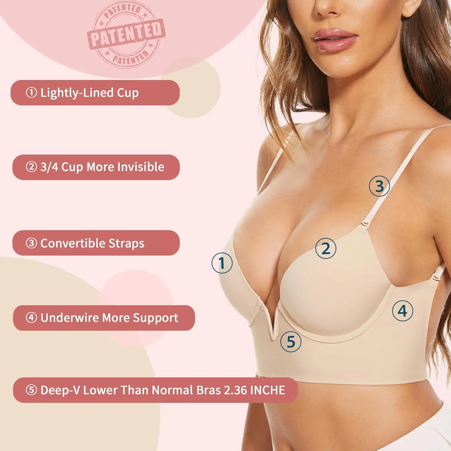 Low Back Bras-Seamless Deep-V Plunge Invisible Backless Bra-Underwire Lightly Lined Halter Multiway Low Cut Bra