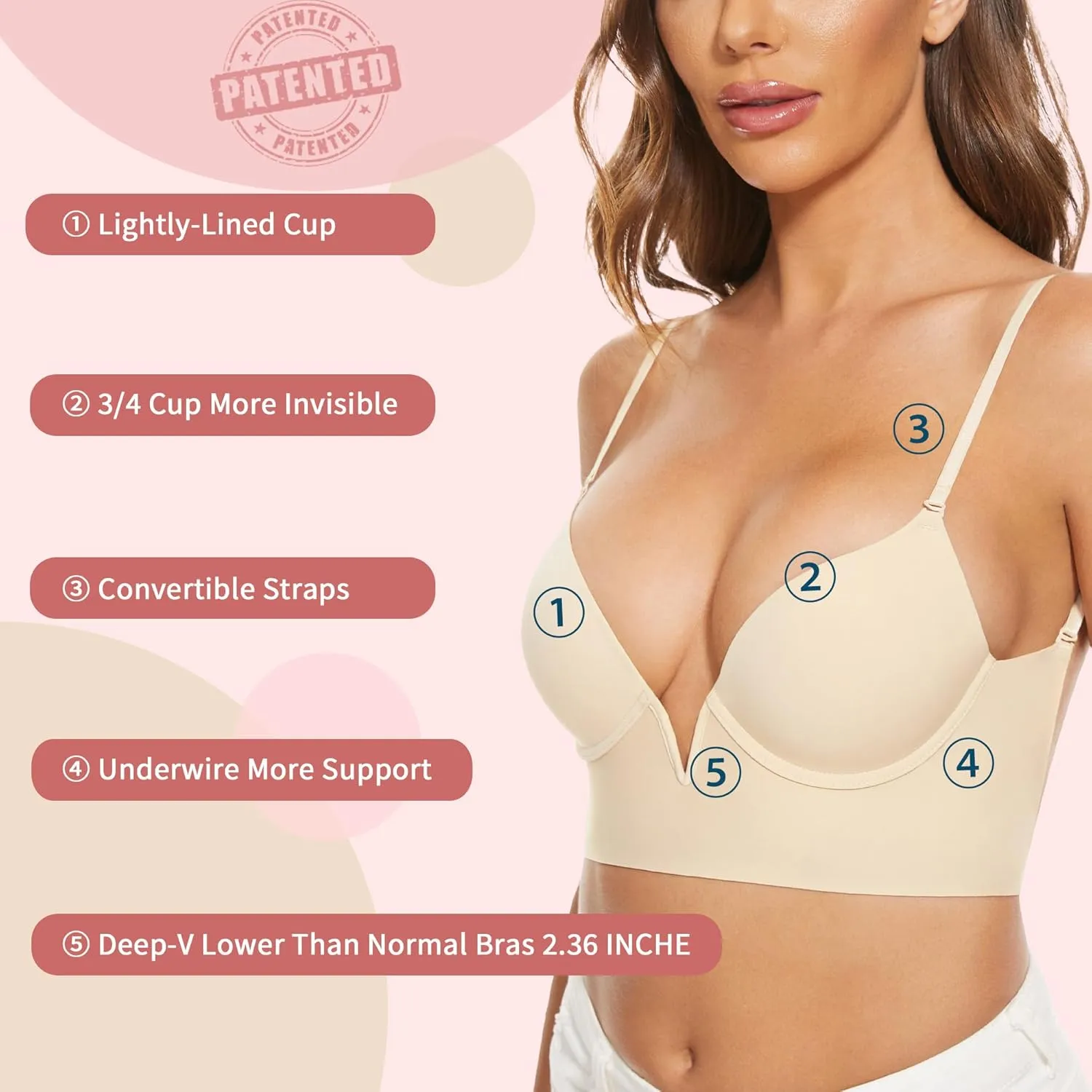 Low Back Bras-Seamless Deep-V Plunge Invisible Backless Bra-Underwire Lightly Lined Halter Multiway Low Cut Bra