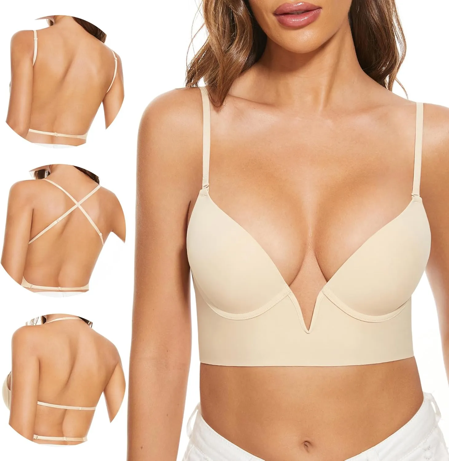 Low Back Bras-Seamless Deep-V Plunge Invisible Backless Bra-Underwire Lightly Lined Halter Multiway Low Cut Bra