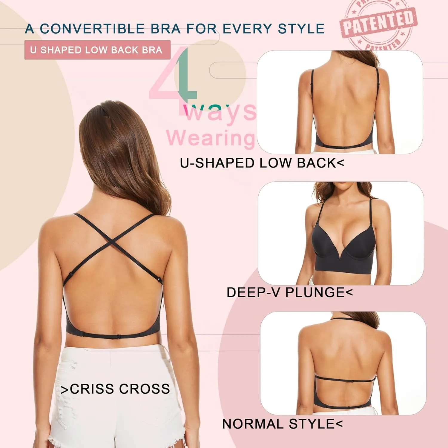 Low Back Bras-Seamless Deep-V Plunge Invisible Backless Bra-Underwire Lightly Lined Halter Multiway Low Cut Bra