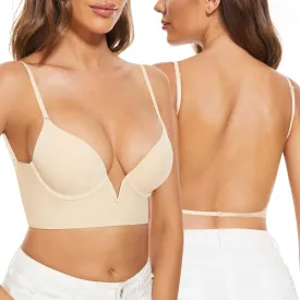 Low Back Bras-Seamless Deep-V Plunge Invisible Backless Bra-Underwire Lightly Lined Halter Multiway Low Cut Bra