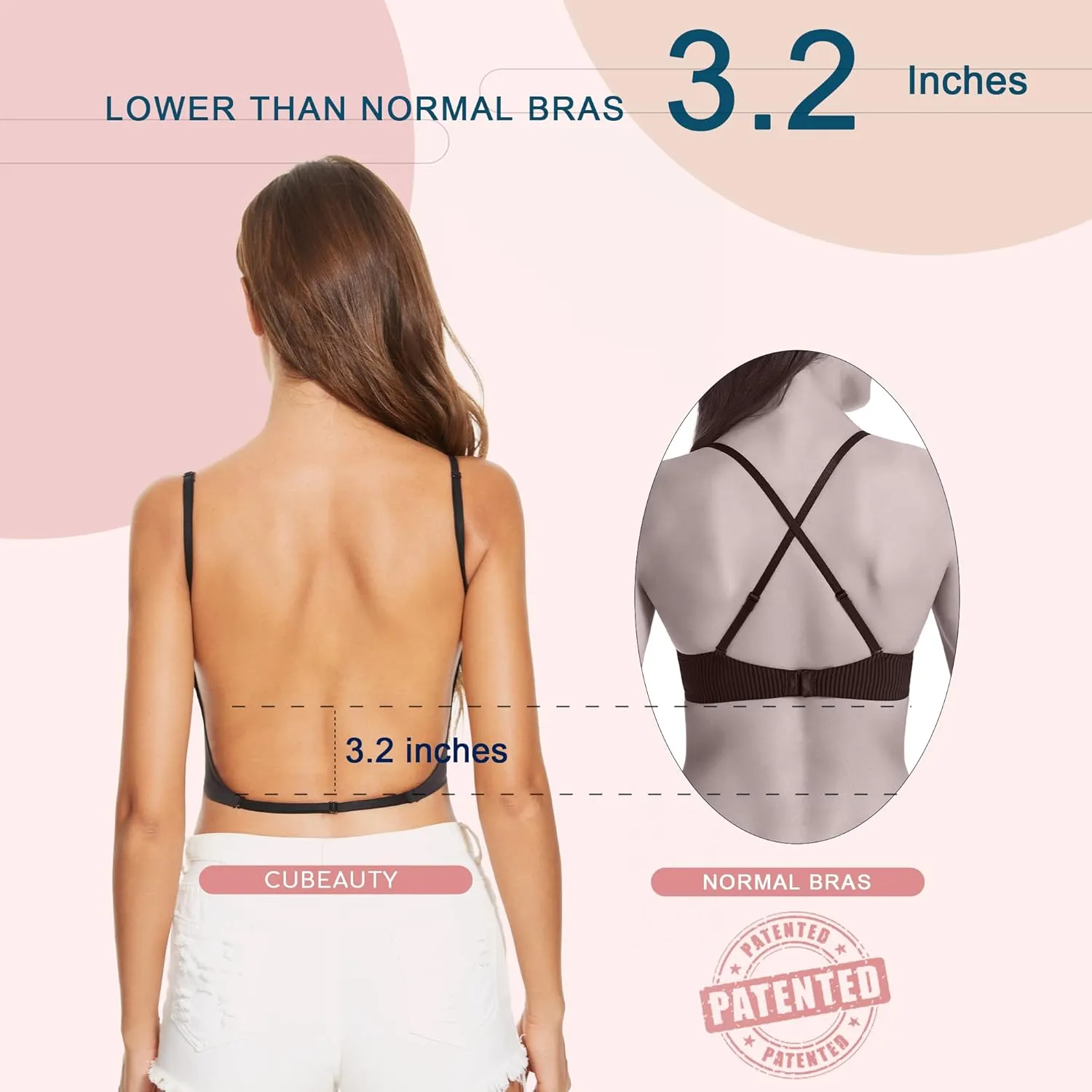 Low Back Bras-Seamless Deep-V Plunge Invisible Backless Bra-Underwire Lightly Lined Halter Multiway Low Cut Bra