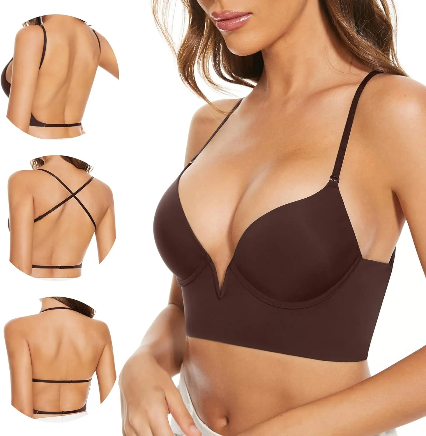 Low Back Bras-Seamless Deep-V Plunge Invisible Backless Bra-Underwire Lightly Lined Halter Multiway Low Cut Bra