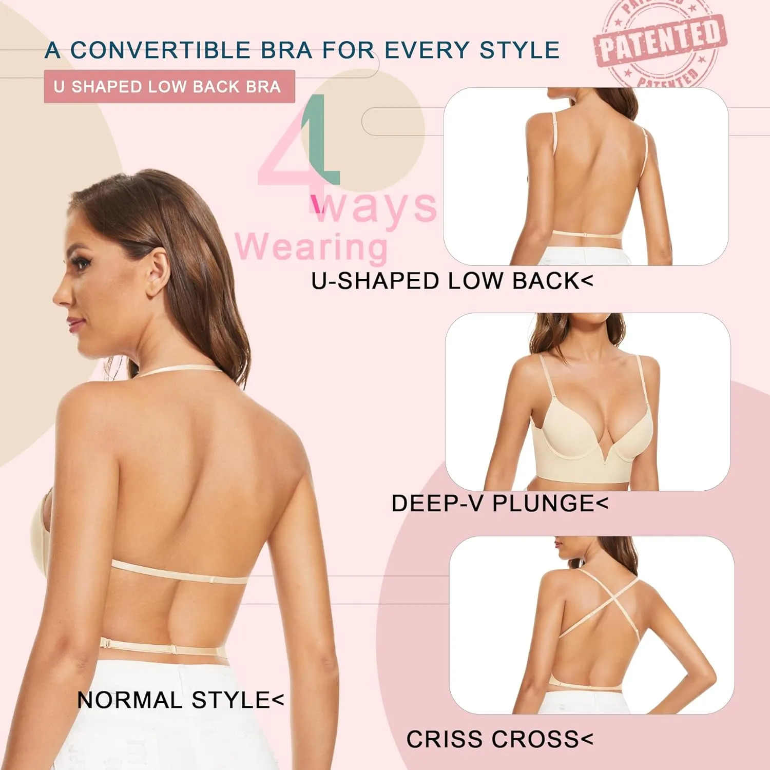 Low Back Bras-Seamless Deep-V Plunge Invisible Backless Bra-Underwire Lightly Lined Halter Multiway Low Cut Bra