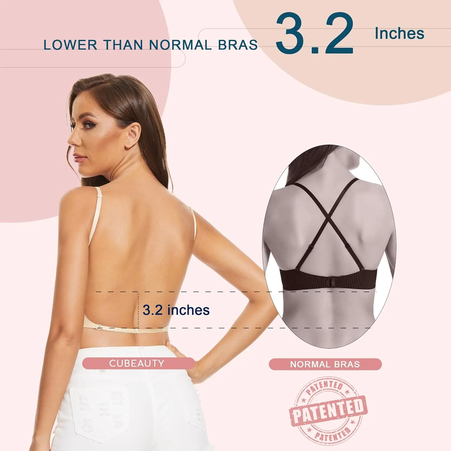 Low Back Bras-Seamless Deep-V Plunge Invisible Backless Bra-Underwire Lightly Lined Halter Multiway Low Cut Bra