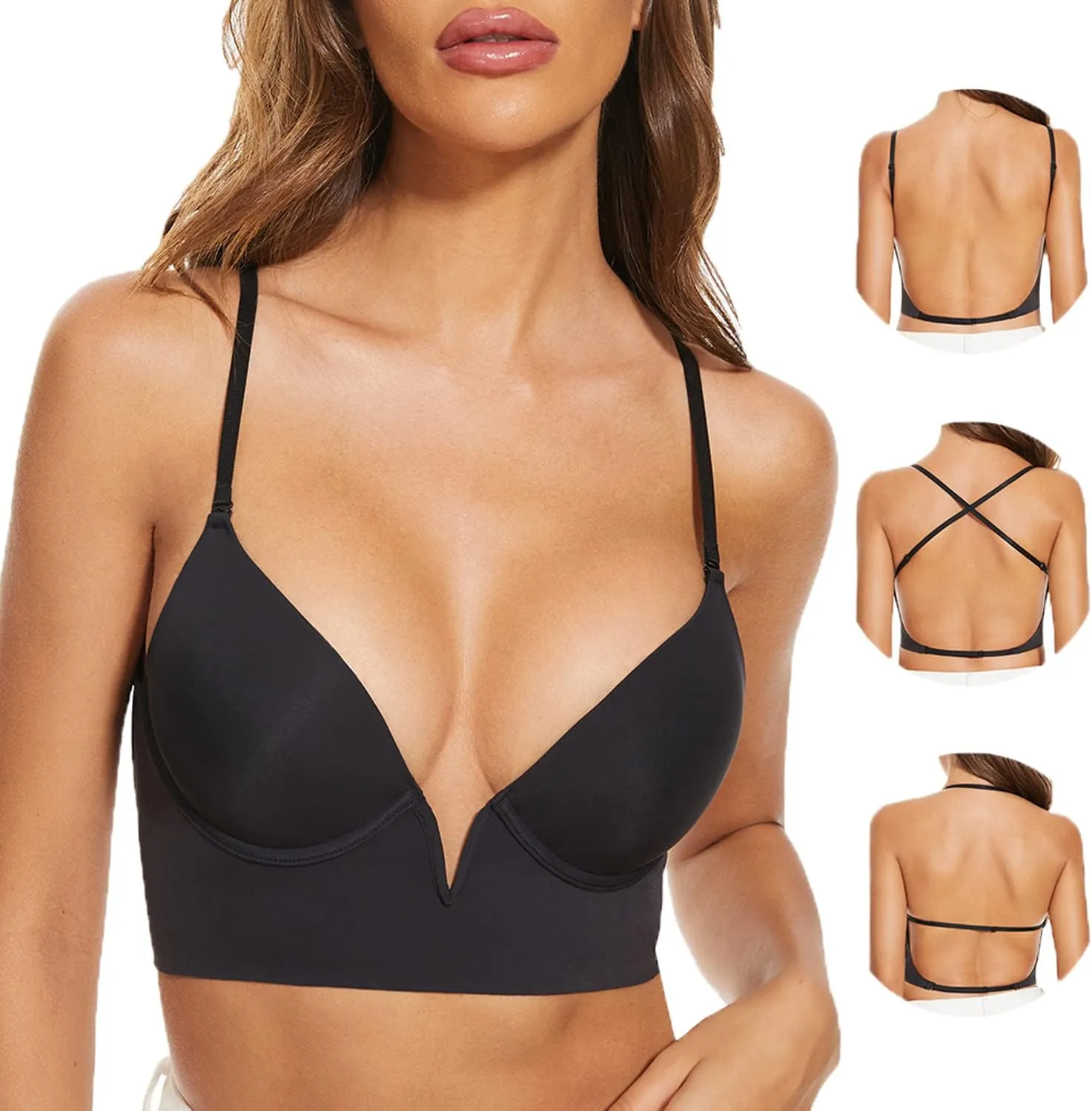 Low Back Bras-Seamless Deep-V Plunge Invisible Backless Bra-Underwire Lightly Lined Halter Multiway Low Cut Bra