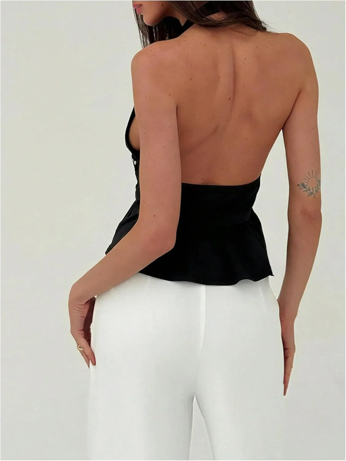 MakeMeChic Women's Metal Halter Tops Open Back Ruffle Hem Sleeveless Tank Clubwear