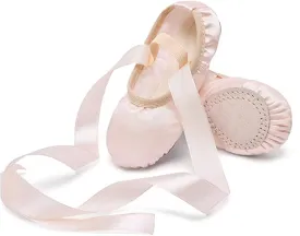 MSMAX Women's Ballet Dance Shoes Split Sole Satin Gymnastic Flats with Ribbon