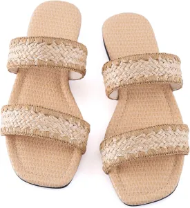 Mtzyoa Women's Sandals Casual Braided Dressy Summer Square Toe Quilted Flat Sandals