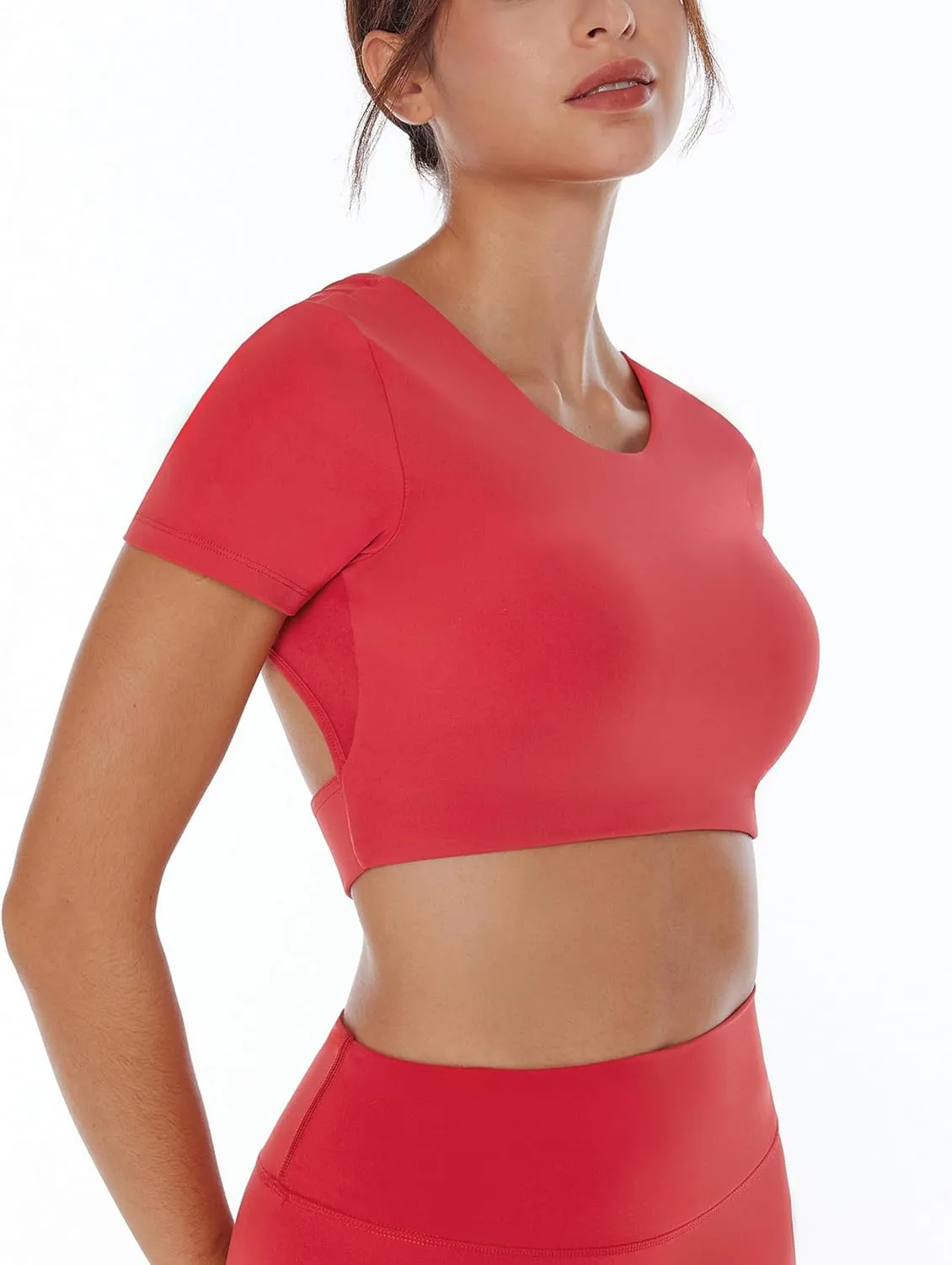 Open Back Workout Crop Tops for Women Backless Yoga Shirts Gym Short Sleeve Mild Support Compression Tee with Bra