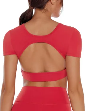 Open Back Workout Crop Tops for Women Backless Yoga Shirts Gym Short Sleeve Mild Support Compression Tee with Bra