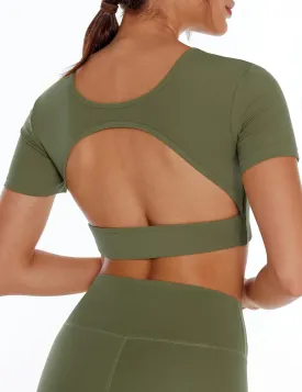 Open Back Workout Crop Tops for Women Backless Yoga Shirts Gym Short Sleeve Mild Support Compression Tee with Bra
