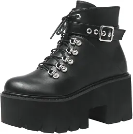 Parisuit Womens Goth Patent Ankle Boots Platform Chunky High Heel Lace Up Combat Boots Punk Short Booties