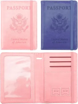 Passport Cover 2 Pack, Waterproof Leather Wallet - Dark Purple and Pink - Men, Women, Family Travel Essentials