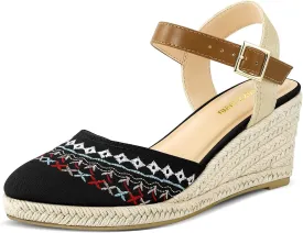 PIZZ ANNU Women's Espadrille Low Wedge Heel Sandals with Buckle Ankle Strap Close Toe Casual Dressy Summer Platform Shoes