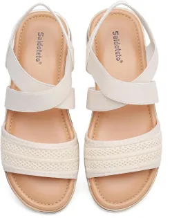 Saidoteto Women's Wide Width Flat Sandals,Comfortable Elastic Ankle Strap Slingback Slip-On Open Toe Low Wedge Walking Sandals for Summer & Casual