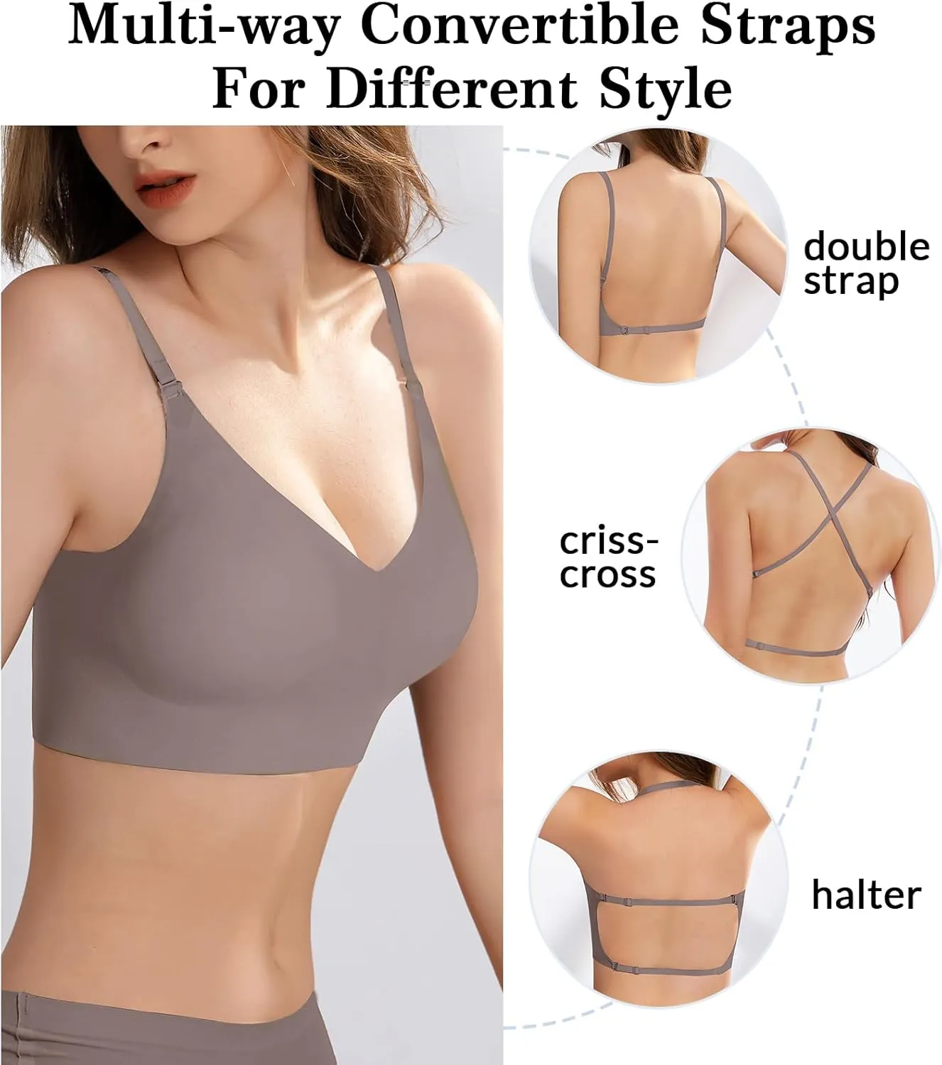Seamless Low Back Bra Wireless Padded Bralette Thin Straps Comfort Halter Backless Cross Multiway Convertible Bras