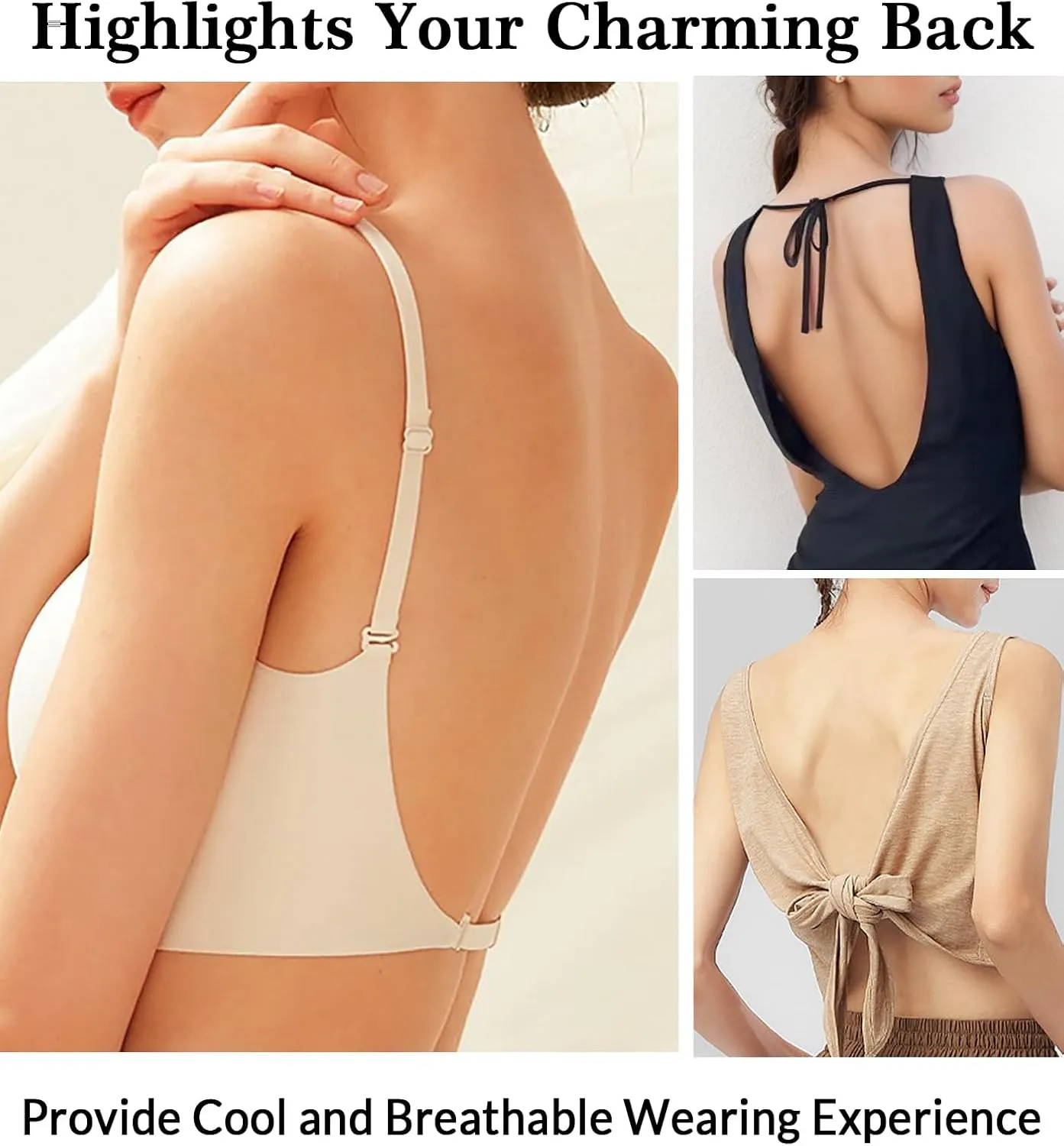 Seamless Low Back Bra Wireless Padded Bralette Thin Straps Comfort Halter Backless Cross Multiway Convertible Bras