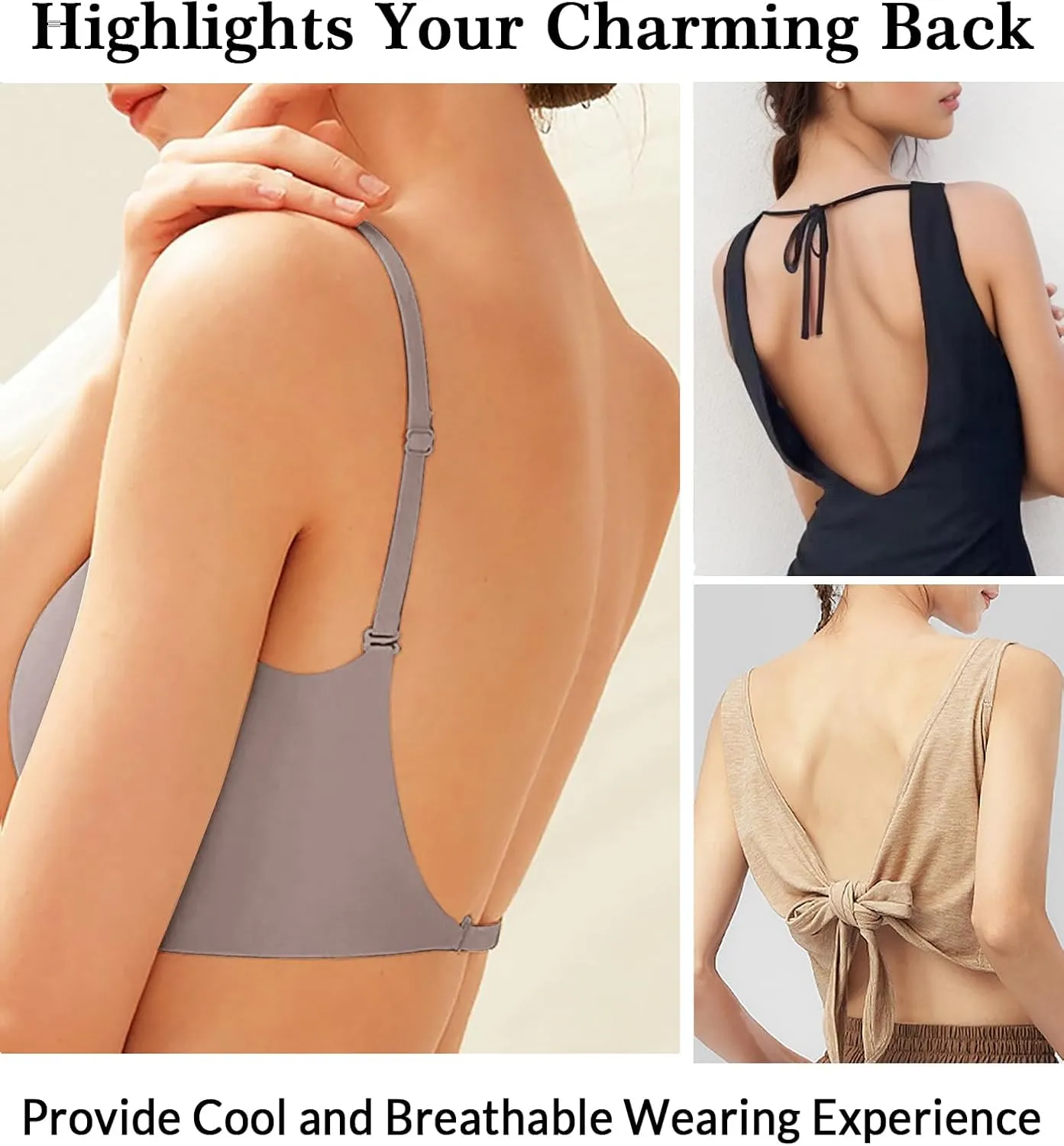 Seamless Low Back Bra Wireless Padded Bralette Thin Straps Comfort Halter Backless Cross Multiway Convertible Bras