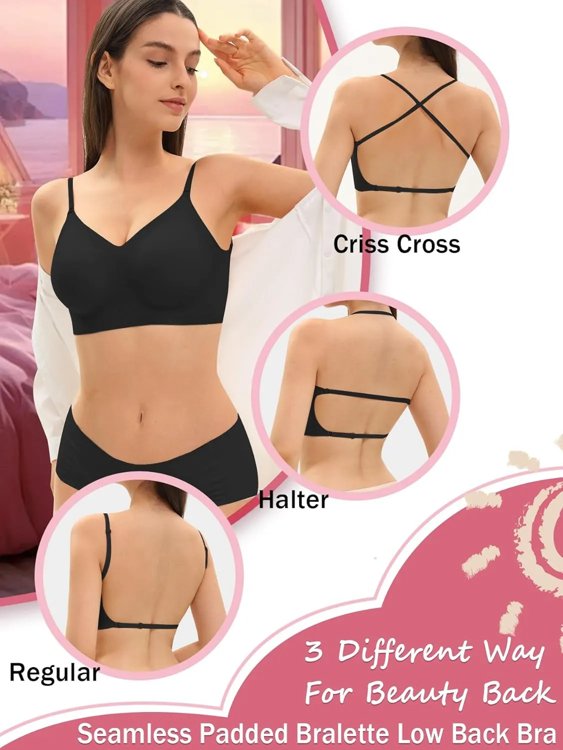 Seamless Low Back Bra Wireless Padded Bralette Thin Straps Comfort Halter Backless Cross Multiway Convertible Bras