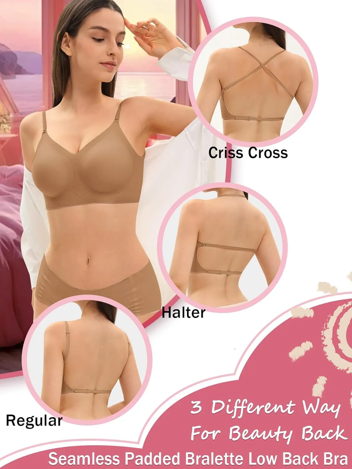 Seamless Low Back Bra Wireless Padded Bralette Thin Straps Comfort Halter Backless Cross Multiway Convertible Bras