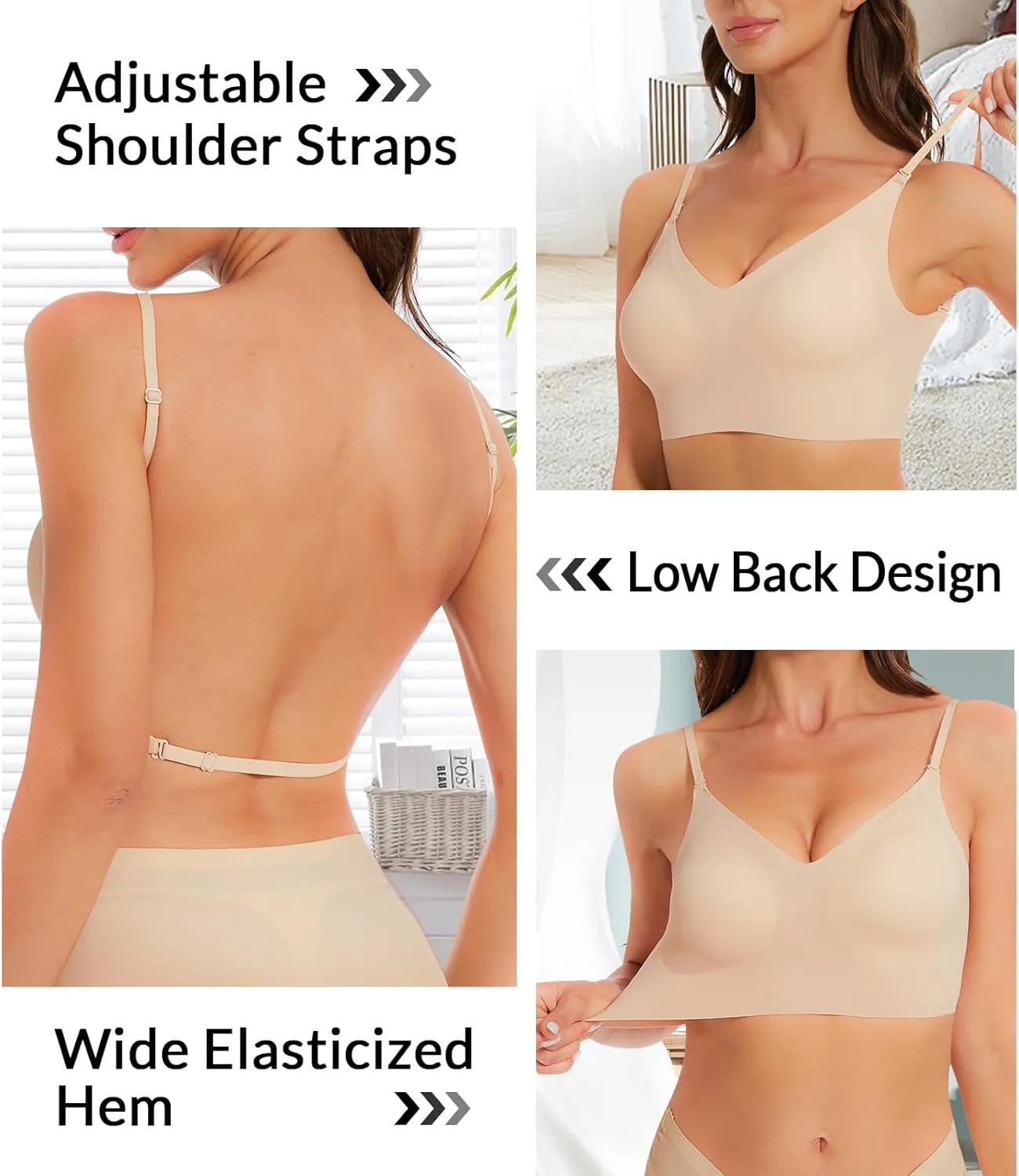 Seamless Low Back Bra Wireless Padded Bralette Thin Straps Comfort Halter Backless Cross Multiway Convertible Bras